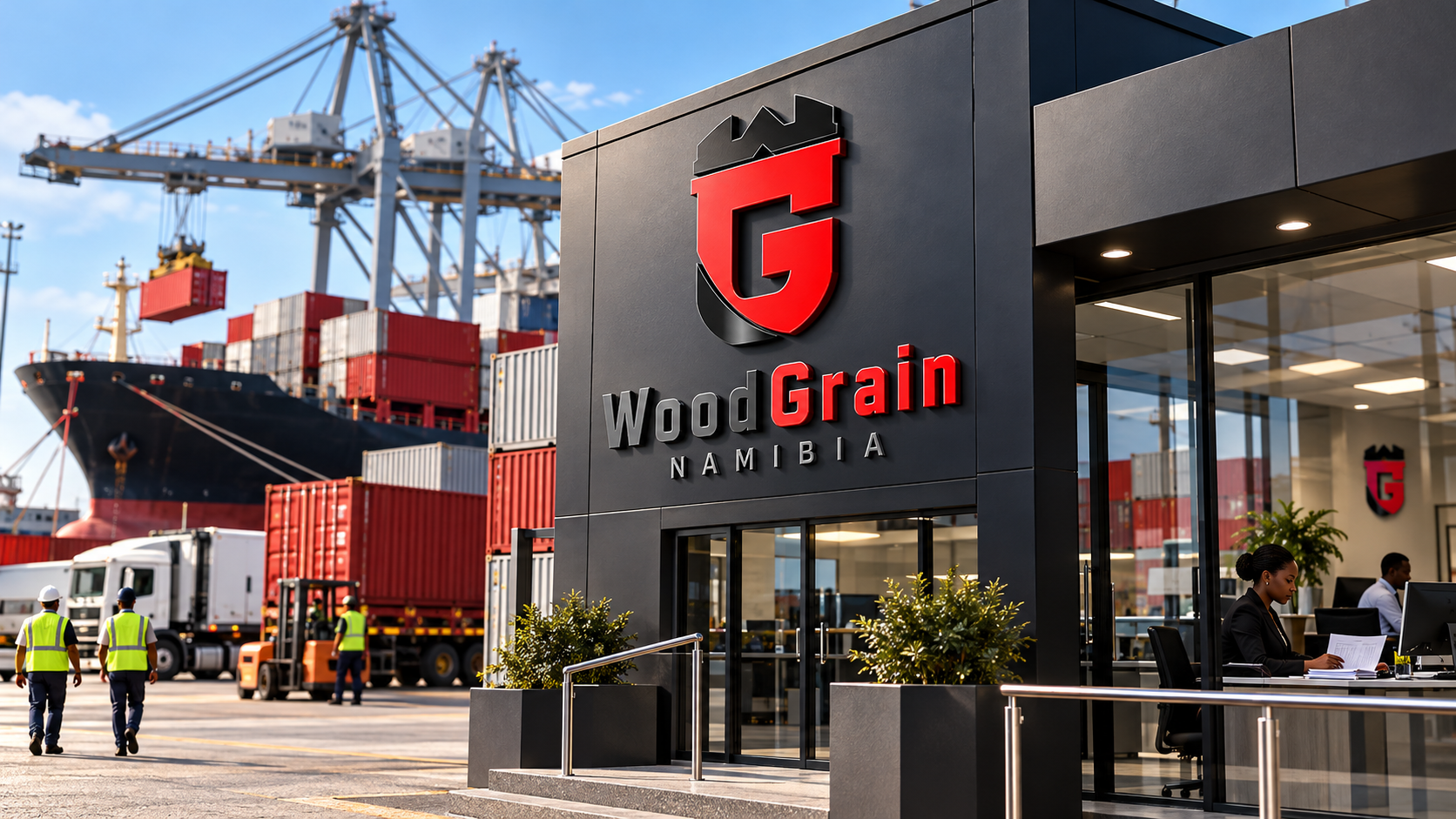 Woodgrain branded clearing and forwarding concept at a container port